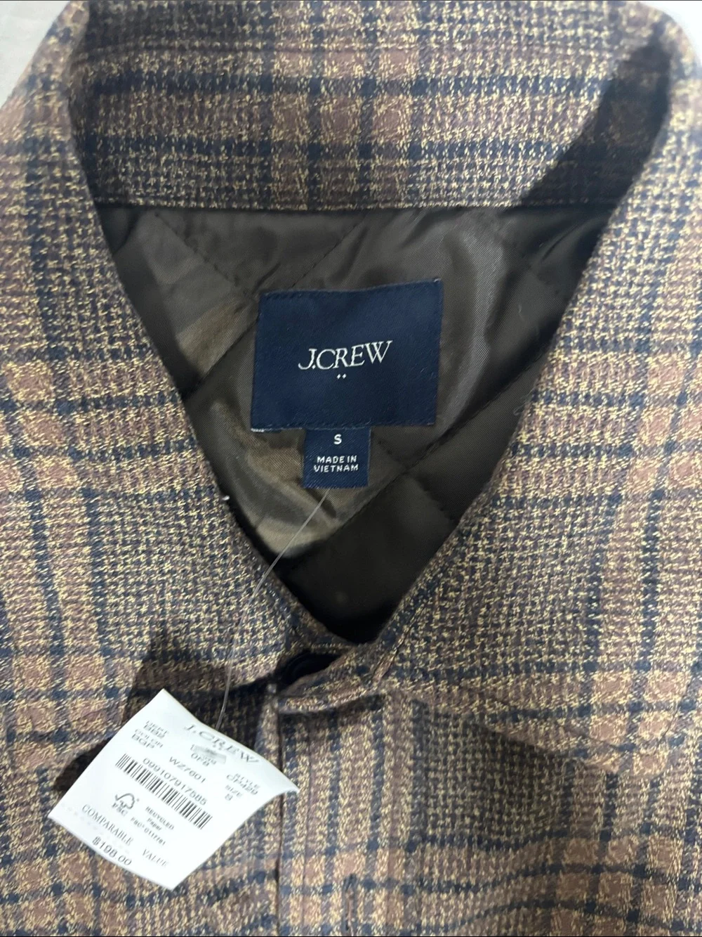 J.Crew Men's Small Plaid Quilted Shirt Jacket Brown 100% Cotton Fair Trade